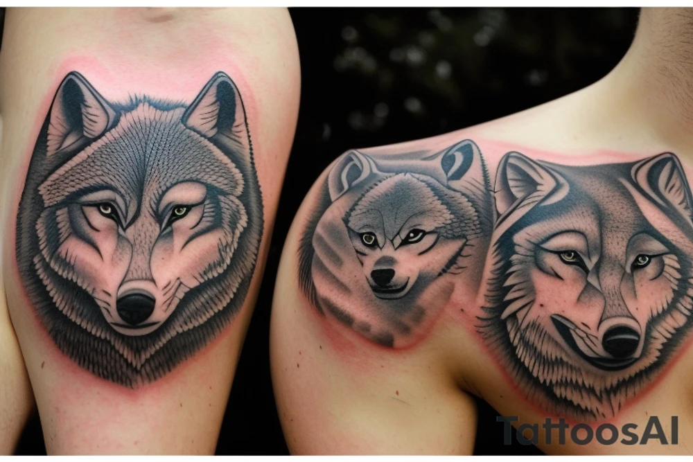 The tattoo features an alpha wolf standing tall and dominant in the center of the design, with its head pointing towards the full moon in the background. The wolf has a fierce expression on its face, and its fur is highly detailed with deep shading and intricate patterns.

Next to the wolf, there are two cubs, each with a different eye color. One cub has amethyst eyes and the other has emerald eyes. The cubs are playfully frolicking around the wolf, showing their affection and respect for the pack leader.

Above the wolf and the cubs, there are two ravens flying in the sky. The ravens are highly detailed with their feathers and beaks, and their eyes look sharp and intelligent.

The background of the tattoo features a dense forest with tall trees and a waterfall cascading down from a cliff. The water from the waterfall creates a pool of water below, reflecting the moonlight and creating a serene atmosphere.

Overall, the tattoo symbolizes the strength and unity of a wolf pack, as well as the beauty and tranquility of nature. The amethyst and emerald eyes of the cubs add a touch of mysticism and whimsy to the design. tattoo idea