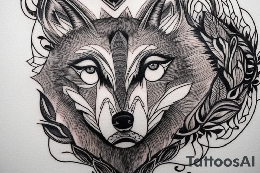 The tattoo features an alpha wolf standing tall and dominant in the center of the design, with its head pointing towards the full moon in the background. The wolf has a fierce expression on its face, and its fur is highly detailed with deep shading and intricate patterns.

Next to the wolf, there are two cubs, each with a different eye color. One cub has amethyst eyes and the other has emerald eyes. The cubs are playfully frolicking around the wolf, showing their affection and respect for the pack leader.

Above the wolf and the cubs, there are two ravens flying in the sky. The ravens are highly detailed with their feathers and beaks, and their eyes look sharp and intelligent.

The background of the tattoo features a dense forest with tall trees and a waterfall cascading down from a cliff. The water from the waterfall creates a pool of water below, reflecting the moonlight and creating a serene atmosphere.

Overall, the tattoo symbolizes the strength and unity of a wolf pack, as well as the beauty and tranquility of nature. The amethyst and emerald eyes of the cubs add a touch of mysticism and whimsy to the design. tattoo idea
