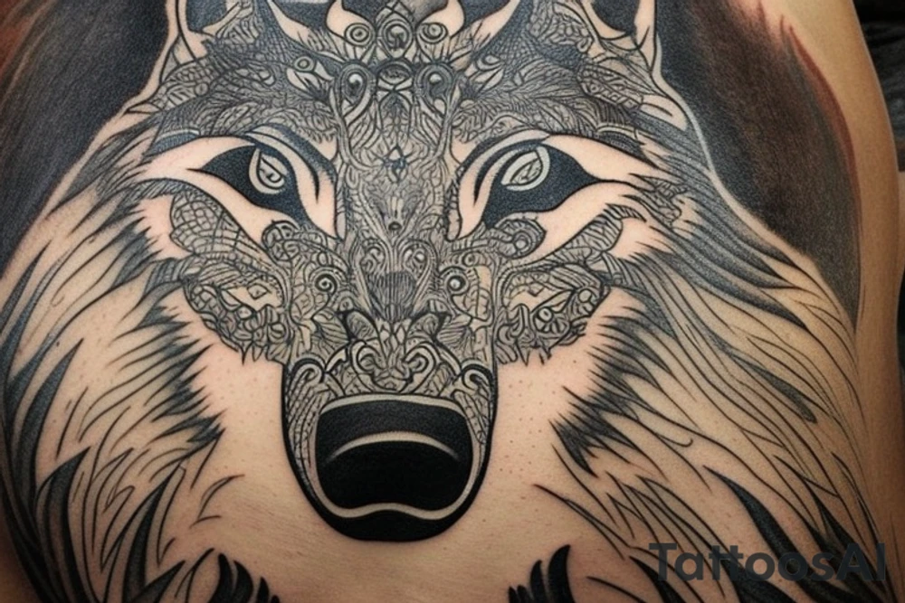 The tattoo features an alpha wolf standing tall and dominant in the center of the design, with its head pointing towards the full moon in the background. The wolf has a fierce expression on its face, and its fur is highly detailed with deep shading and intricate patterns.

Next to the wolf, there are two cubs, each with a different eye color. One cub has amethyst eyes and the other has emerald eyes. The cubs are playfully frolicking around the wolf, showing their affection and respect for the pack leader.

Above the wolf and the cubs, there are two ravens flying in the sky. The ravens are highly detailed with their feathers and beaks, and their eyes look sharp and intelligent.

The background of the tattoo features a dense forest with tall trees and a waterfall cascading down from a cliff. The water from the waterfall creates a pool of water below, reflecting the moonlight and creating a serene atmosphere.

Overall, the tattoo symbolizes the strength and unity of a wolf pack, as well as the beauty and tranquility of nature. The amethyst and emerald eyes of the cubs add a touch of mysticism and whimsy to the design. tattoo idea