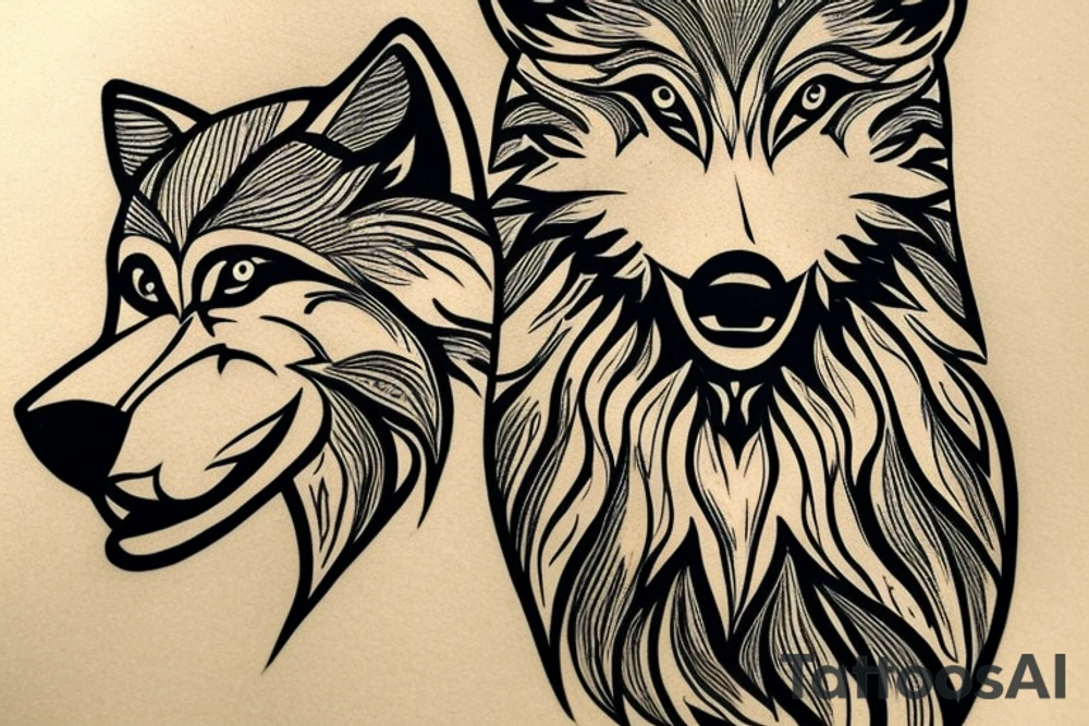 The tattoo features an alpha wolf standing tall and dominant in the center of the design, with its head pointing towards the full moon in the background. The wolf has a fierce expression on its face, and its fur is highly detailed with deep shading and intricate patterns.

Next to the wolf, there are two cubs, each with a different eye color. One cub has amethyst eyes and the other has emerald eyes. The cubs are playfully frolicking around the wolf, showing their affection and respect for the pack leader.

Above the wolf and the cubs, there are two ravens flying in the sky. The ravens are highly detailed with their feathers and beaks, and their eyes look sharp and intelligent.

The background of the tattoo features a dense forest with tall trees and a waterfall cascading down from a cliff. The water from the waterfall creates a pool of water below, reflecting the moonlight and creating a serene atmosphere.

Overall, the tattoo symbolizes the strength and unity of a wolf pack, as well as the beauty and tranquility of nature. The amethyst and emerald eyes of the cubs add a touch of mysticism and whimsy to the design. tattoo idea