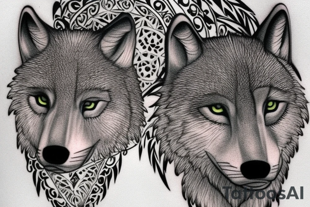 The tattoo features an alpha wolf standing tall and dominant in the center of the design, with its head pointing towards the full moon in the background. The wolf has a fierce expression on its face, and its fur is highly detailed with deep shading and intricate patterns.

Next to the wolf, there are two cubs, each with a different eye color. One cub has amethyst eyes and the other has emerald eyes. The cubs are playfully frolicking around the wolf, showing their affection and respect for the pack leader.

Above the wolf and the cubs, there are two ravens flying in the sky. The ravens are highly detailed with their feathers and beaks, and their eyes look sharp and intelligent.

The background of the tattoo features a dense forest with tall trees and a waterfall cascading down from a cliff. The water from the waterfall creates a pool of water below, reflecting the moonlight and creating a serene atmosphere.

Overall, the tattoo symbolizes the strength and unity of a wolf pack, as well as the beauty and tranquility of nature. The amethyst and emerald eyes of the cubs add a touch of mysticism and whimsy to the design. tattoo idea