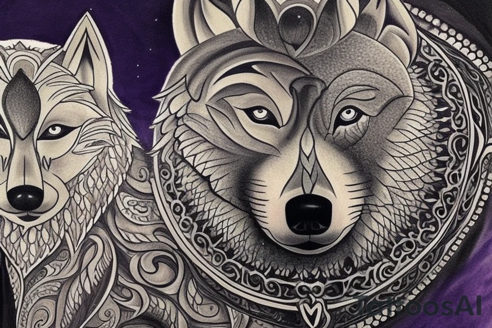 The tattoo features an alpha wolf standing tall and dominant in the center of the design, with its head pointing towards the full moon in the background. The wolf has a fierce expression on its face, and its fur is highly detailed with deep shading and intricate patterns.

Next to the wolf, there are two cubs, each with a different eye color. One cub has amethyst eyes and the other has emerald eyes. The cubs are playfully frolicking around the wolf, showing their affection and respect for the pack leader.

Above the wolf and the cubs, there are two ravens flying in the sky. The ravens are highly detailed with their feathers and beaks, and their eyes look sharp and intelligent.

The background of the tattoo features a dense forest with tall trees and a waterfall cascading down from a cliff. The water from the waterfall creates a pool of water below, reflecting the moonlight and creating a serene atmosphere.

Overall, the tattoo symbolizes the strength and unity of a wolf pack, as well as the beauty and tranquility of nature. The amethyst and emerald eyes of the cubs add a touch of mysticism and whimsy to the design. tattoo idea