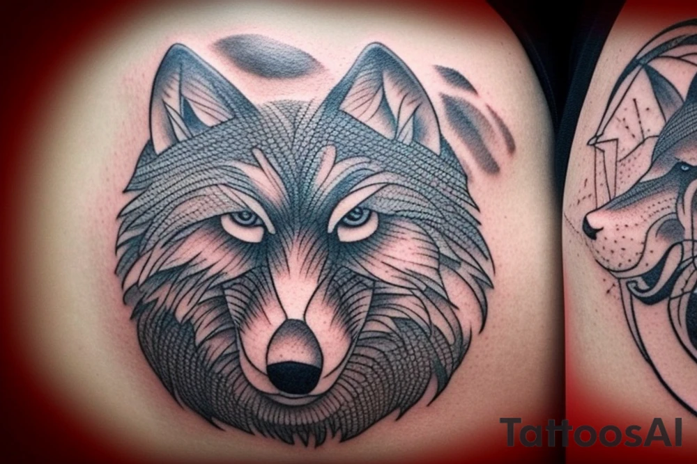 The tattoo features an alpha wolf standing tall and dominant in the center of the design, with its head pointing towards the full moon in the background. The wolf has a fierce expression on its face, and its fur is highly detailed with deep shading and intricate patterns.

Next to the wolf, there are two cubs, each with a different eye color. One cub has amethyst eyes and the other has emerald eyes. The cubs are playfully frolicking around the wolf, showing their affection and respect for the pack leader.

Above the wolf and the cubs, there are two ravens flying in the sky. The ravens are highly detailed with their feathers and beaks, and their eyes look sharp and intelligent.

The background of the tattoo features a dense forest with tall trees and a waterfall cascading down from a cliff. The water from the waterfall creates a pool of water below, reflecting the moonlight and creating a serene atmosphere.

Overall, the tattoo symbolizes the strength and unity of a wolf pack, as well as the beauty and tranquility of nature. The amethyst and emerald eyes of the cubs add a touch of mysticism and whimsy to the design. tattoo idea