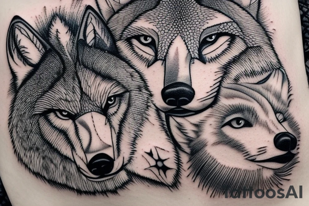 The tattoo features an alpha wolf standing tall and dominant in the center of the design, with its head pointing towards the full moon in the background. The wolf has a fierce expression on its face, and its fur is highly detailed with deep shading and intricate patterns.

Next to the wolf, there are two cubs, each with a different eye color. One cub has amethyst eyes and the other has emerald eyes. The cubs are playfully frolicking around the wolf, showing their affection and respect for the pack leader.

Above the wolf and the cubs, there are two ravens flying in the sky. The ravens are highly detailed with their feathers and beaks, and their eyes look sharp and intelligent.

The background of the tattoo features a dense forest with tall trees and a waterfall cascading down from a cliff. The water from the waterfall creates a pool of water below, reflecting the moonlight and creating a serene atmosphere.

Overall, the tattoo symbolizes the strength and unity of a wolf pack, as well as the beauty and tranquility of nature. The amethyst and emerald eyes of the cubs add a touch of mysticism and whimsy to the design. tattoo idea