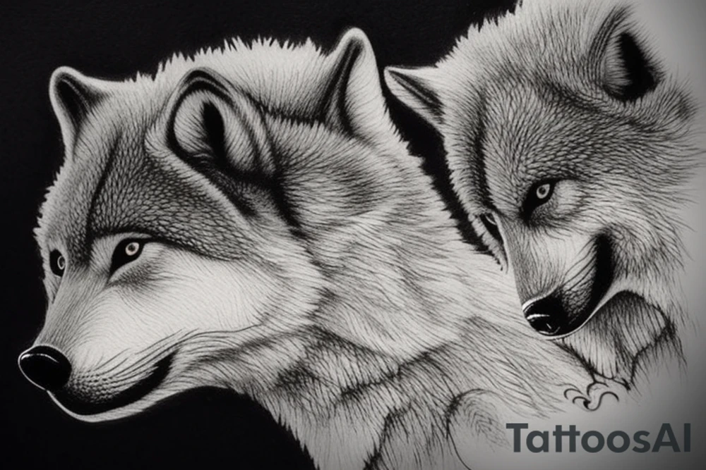 The tattoo features an alpha wolf standing tall and dominant in the center of the design, with its head pointing towards the full moon in the background. The wolf has a fierce expression on its face, and its fur is highly detailed with deep shading and intricate patterns.

Next to the wolf, there are two cubs, each with a different eye color. One cub has amethyst eyes and the other has emerald eyes. The cubs are playfully frolicking around the wolf, showing their affection and respect for the pack leader.

Above the wolf and the cubs, there are two ravens flying in the sky. The ravens are highly detailed with their feathers and beaks, and their eyes look sharp and intelligent.

The background of the tattoo features a dense forest with tall trees and a waterfall cascading down from a cliff. The water from the waterfall creates a pool of water below, reflecting the moonlight and creating a serene atmosphere.

Overall, the tattoo symbolizes the strength and unity of a wolf pack, as well as the beauty and tranquility of nature. The amethyst and emerald eyes of the cubs add a touch of mysticism and whimsy to the design. tattoo idea