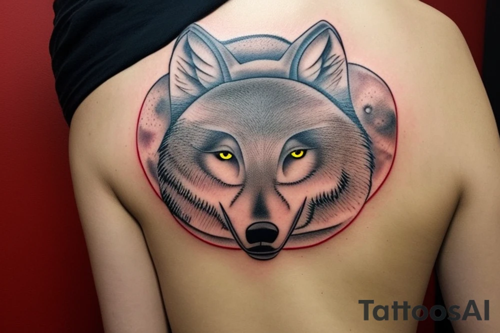The tattoo features an alpha wolf standing tall and dominant in the center of the design, with its head pointing towards the full moon in the background. The wolf has a fierce expression on its face, and its fur is highly detailed with deep shading and intricate patterns.

Next to the wolf, there are two cubs, each with a different eye color. One cub has amethyst eyes and the other has emerald eyes. The cubs are playfully frolicking around the wolf, showing their affection and respect for the pack leader.

Above the wolf and the cubs, there are two ravens flying in the sky. The ravens are highly detailed with their feathers and beaks, and their eyes look sharp and intelligent.

The background of the tattoo features a dense forest with tall trees and a waterfall cascading down from a cliff. The water from the waterfall creates a pool of water below, reflecting the moonlight and creating a serene atmosphere.

Overall, the tattoo symbolizes the strength and unity of a wolf pack, as well as the beauty and tranquility of nature. The amethyst and emerald eyes of the cubs add a touch of mysticism and whimsy to the design. tattoo idea