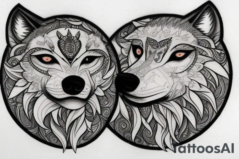 The tattoo features an alpha wolf standing tall and dominant in the center of the design, with its head pointing towards the full moon in the background. The wolf has a fierce expression on its face, and its fur is highly detailed with deep shading and intricate patterns.

Next to the wolf, there are two cubs, each with a different eye color. One cub has amethyst eyes and the other has emerald eyes. The cubs are playfully frolicking around the wolf, showing their affection and respect for the pack leader.

Above the wolf and the cubs, there are two ravens flying in the sky. The ravens are highly detailed with their feathers and beaks, and their eyes look sharp and intelligent.

The background of the tattoo features a dense forest with tall trees and a waterfall cascading down from a cliff. The water from the waterfall creates a pool of water below, reflecting the moonlight and creating a serene atmosphere.

Overall, the tattoo symbolizes the strength and unity of a wolf pack, as well as the beauty and tranquility of nature. The amethyst and emerald eyes of the cubs add a touch of mysticism and whimsy to the design. tattoo idea