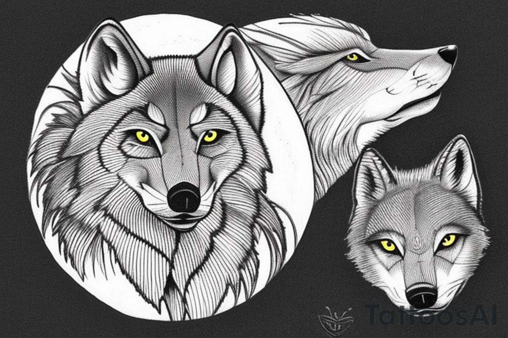 The tattoo features an alpha wolf standing tall and dominant in the center of the design, with its head pointing towards the full moon in the background. The wolf has a fierce expression on its face, and its fur is highly detailed with deep shading and intricate patterns.

Next to the wolf, there are two cubs, each with a different eye color. One cub has amethyst eyes and the other has emerald eyes. The cubs are playfully frolicking around the wolf, showing their affection and respect for the pack leader.

Above the wolf and the cubs, there are two ravens flying in the sky. The ravens are highly detailed with their feathers and beaks, and their eyes look sharp and intelligent.

The background of the tattoo features a dense forest with tall trees and a waterfall cascading down from a cliff. The water from the waterfall creates a pool of water below, reflecting the moonlight and creating a serene atmosphere.

Overall, the tattoo symbolizes the strength and unity of a wolf pack, as well as the beauty and tranquility of nature. The amethyst and emerald eyes of the cubs add a touch of mysticism and whimsy to the design. tattoo idea