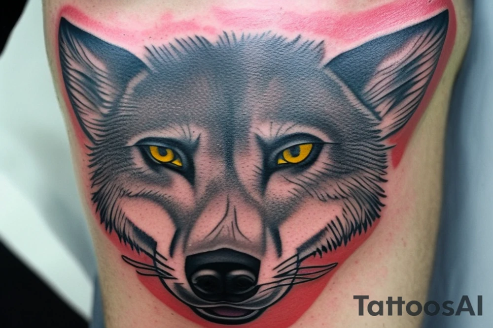 The tattoo features an alpha wolf standing tall and dominant in the center of the design, with its head pointing towards the full moon in the background. The wolf has a fierce expression on its face, and its fur is highly detailed with deep shading and intricate patterns.

Next to the wolf, there are two cubs, each with a different eye color. One cub has amethyst eyes and the other has emerald eyes. The cubs are playfully frolicking around the wolf, showing their affection and respect for the pack leader.

Above the wolf and the cubs, there are two ravens flying in the sky. The ravens are highly detailed with their feathers and beaks, and their eyes look sharp and intelligent.

The background of the tattoo features a dense forest with tall trees and a waterfall cascading down from a cliff. The water from the waterfall creates a pool of water below, reflecting the moonlight and creating a serene atmosphere.

Overall, the tattoo symbolizes the strength and unity of a wolf pack, as well as the beauty and tranquility of nature. The amethyst and emerald eyes of the cubs add a touch of mysticism and whimsy to the design. tattoo idea