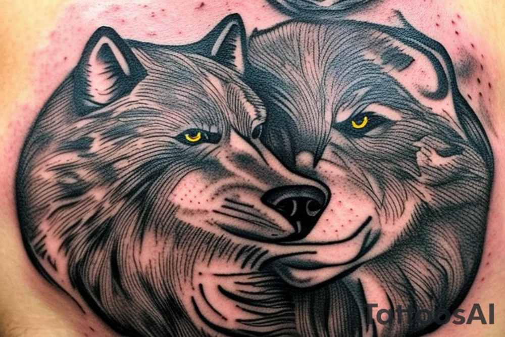 The tattoo features an alpha wolf standing tall and dominant in the center of the design, with its head pointing towards the full moon in the background. The wolf has a fierce expression on its face, and its fur is highly detailed with deep shading and intricate patterns.

Next to the wolf, there are two cubs, each with a different eye color. One cub has amethyst eyes and the other has emerald eyes. The cubs are playfully frolicking around the wolf, showing their affection and respect for the pack leader.

Above the wolf and the cubs, there are two ravens flying in the sky. The ravens are highly detailed with their feathers and beaks, and their eyes look sharp and intelligent.

The background of the tattoo features a dense forest with tall trees and a waterfall cascading down from a cliff. The water from the waterfall creates a pool of water below, reflecting the moonlight and creating a serene atmosphere.

Overall, the tattoo symbolizes the strength and unity of a wolf pack, as well as the beauty and tranquility of nature. The amethyst and emerald eyes of the cubs add a touch of mysticism and whimsy to the design. tattoo idea