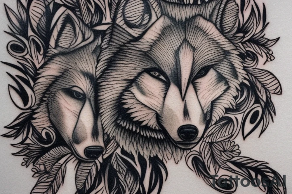 The tattoo features an alpha wolf standing tall and dominant in the center of the design, with its head pointing towards the full moon in the background. The wolf has a fierce expression on its face, and its fur is highly detailed with deep shading and intricate patterns.

Next to the wolf, there are two cubs, each with a different eye color. One cub has amethyst eyes and the other has emerald eyes. The cubs are playfully frolicking around the wolf, showing their affection and respect for the pack leader.

Above the wolf and the cubs, there are two ravens flying in the sky. The ravens are highly detailed with their feathers and beaks, and their eyes look sharp and intelligent.

The background of the tattoo features a dense forest with tall trees and a waterfall cascading down from a cliff. The water from the waterfall creates a pool of water below, reflecting the moonlight and creating a serene atmosphere.

Overall, the tattoo symbolizes the strength and unity of a wolf pack, as well as the beauty and tranquility of nature. The amethyst and emerald eyes of the cubs add a touch of mysticism and whimsy to the design. tattoo idea