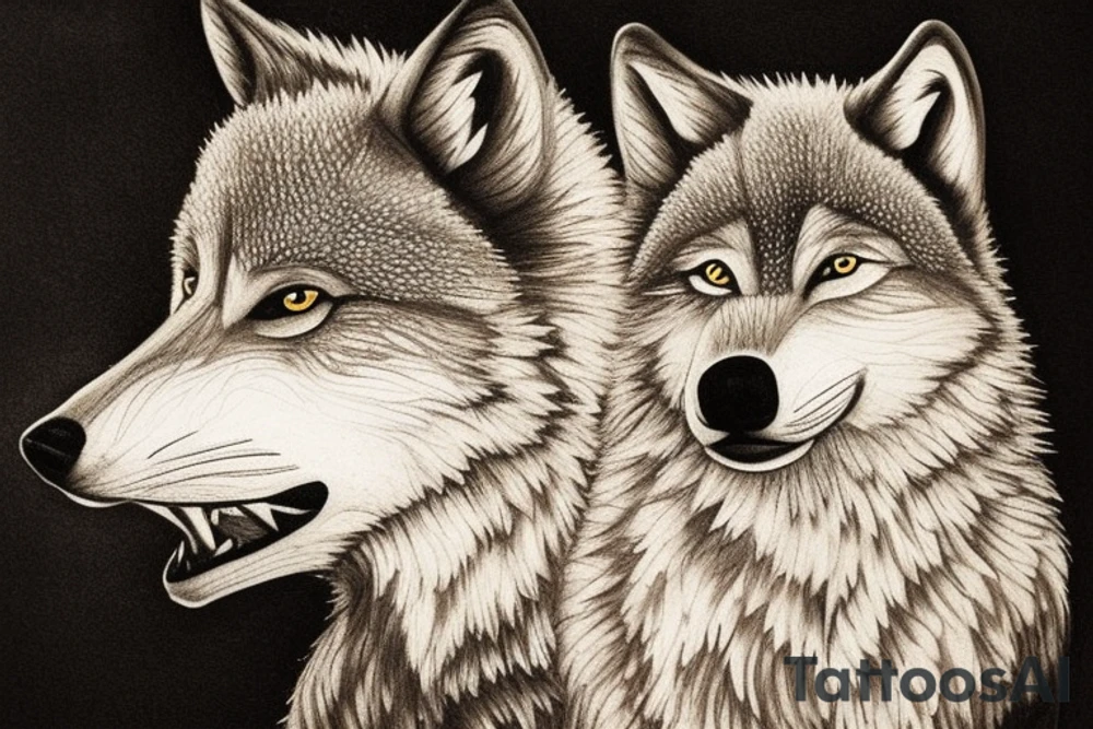 The tattoo features an alpha wolf standing tall and dominant in the center of the design, with its head pointing towards the full moon in the background. The wolf has a fierce expression on its face, and its fur is highly detailed with deep shading and intricate patterns.

Next to the wolf, there are two cubs, each with a different eye color. One cub has amethyst eyes and the other has emerald eyes. The cubs are playfully frolicking around the wolf, showing their affection and respect for the pack leader.

Above the wolf and the cubs, there are two ravens flying in the sky. The ravens are highly detailed with their feathers and beaks, and their eyes look sharp and intelligent.

The background of the tattoo features a dense forest with tall trees and a waterfall cascading down from a cliff. The water from the waterfall creates a pool of water below, reflecting the moonlight and creating a serene atmosphere.

Overall, the tattoo symbolizes the strength and unity of a wolf pack, as well as the beauty and tranquility of nature. The amethyst and emerald eyes of the cubs add a touch of mysticism and whimsy to the design. tattoo idea