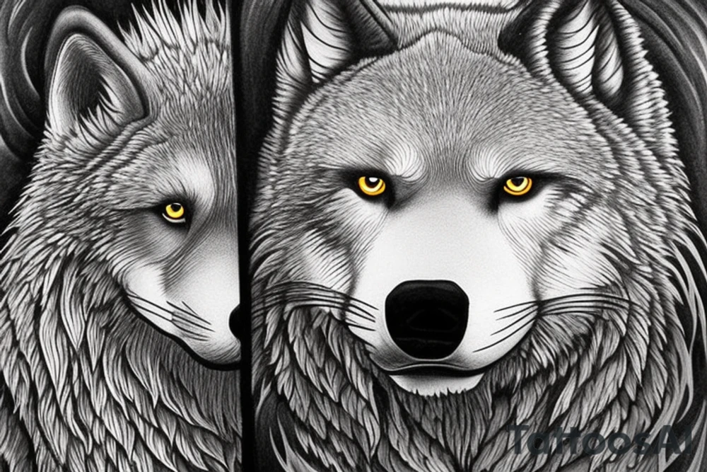 The tattoo features an alpha wolf standing tall and dominant in the center of the design, with its head pointing towards the full moon in the background. The wolf has a fierce expression on its face, and its fur is highly detailed with deep shading and intricate patterns.

Next to the wolf, there are two cubs, each with a different eye color. One cub has amethyst eyes and the other has emerald eyes. The cubs are playfully frolicking around the wolf, showing their affection and respect for the pack leader.

Above the wolf and the cubs, there are two ravens flying in the sky. The ravens are highly detailed with their feathers and beaks, and their eyes look sharp and intelligent.

The background of the tattoo features a dense forest with tall trees and a waterfall cascading down from a cliff. The water from the waterfall creates a pool of water below, reflecting the moonlight and creating a serene atmosphere.

Overall, the tattoo symbolizes the strength and unity of a wolf pack, as well as the beauty and tranquility of nature. The amethyst and emerald eyes of the cubs add a touch of mysticism and whimsy to the design. tattoo idea