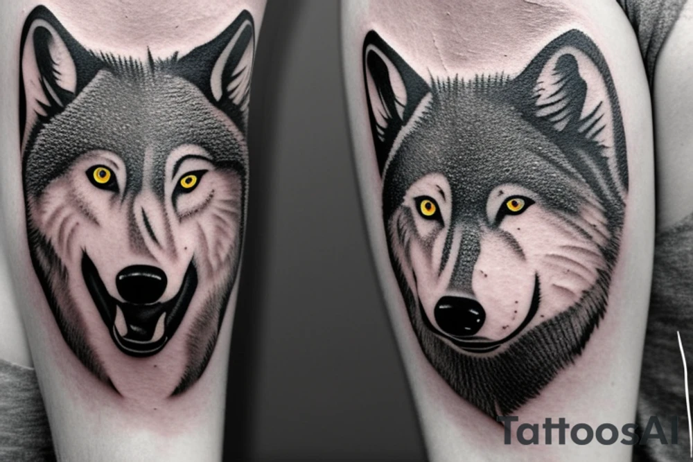 The tattoo features an alpha wolf standing tall and dominant in the center of the design, with its head pointing towards the full moon in the background. The wolf has a fierce expression on its face, and its fur is highly detailed with deep shading and intricate patterns.

Next to the wolf, there are two cubs, each with a different eye color. One cub has amethyst eyes and the other has emerald eyes. The cubs are playfully frolicking around the wolf, showing their affection and respect for the pack leader.

Above the wolf and the cubs, there are two ravens flying in the sky. The ravens are highly detailed with their feathers and beaks, and their eyes look sharp and intelligent.

The background of the tattoo features a dense forest with tall trees and a waterfall cascading down from a cliff. The water from the waterfall creates a pool of water below, reflecting the moonlight and creating a serene atmosphere.

Overall, the tattoo symbolizes the strength and unity of a wolf pack, as well as the beauty and tranquility of nature. The amethyst and emerald eyes of the cubs add a touch of mysticism and whimsy to the design. tattoo idea