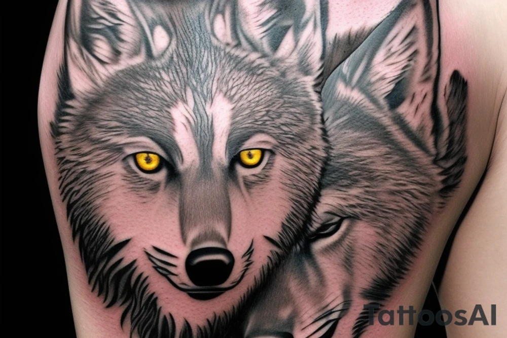 The tattoo features an alpha wolf standing tall and dominant in the center of the design, with its head pointing towards the full moon in the background. The wolf has a fierce expression on its face, and its fur is highly detailed with deep shading and intricate patterns.

Next to the wolf, there are two cubs, each with a different eye color. One cub has amethyst eyes and the other has emerald eyes. The cubs are playfully frolicking around the wolf, showing their affection and respect for the pack leader.

Above the wolf and the cubs, there are two ravens flying in the sky. The ravens are highly detailed with their feathers and beaks, and their eyes look sharp and intelligent.

The background of the tattoo features a dense forest with tall trees and a waterfall cascading down from a cliff. The water from the waterfall creates a pool of water below, reflecting the moonlight and creating a serene atmosphere.

Overall, the tattoo symbolizes the strength and unity of a wolf pack, as well as the beauty and tranquility of nature. The amethyst and emerald eyes of the cubs add a touch of mysticism and whimsy to the design. tattoo idea