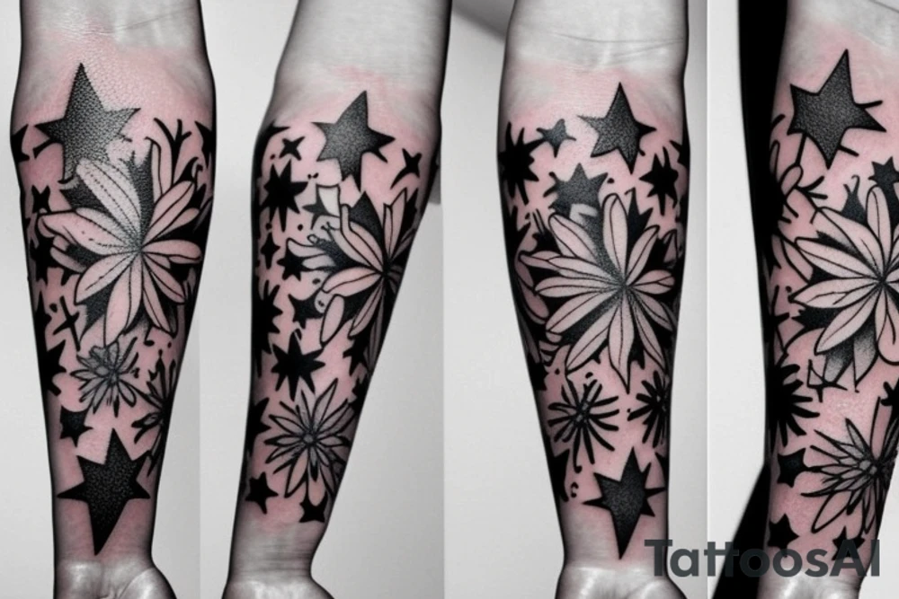 stars and flowers on forearm tattoo idea