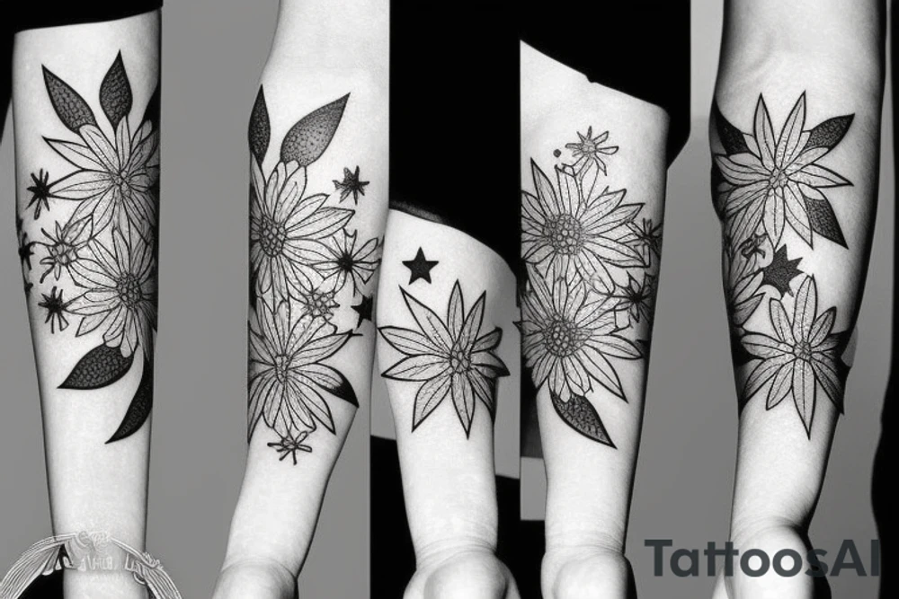 stars and flowers on forearm tattoo idea