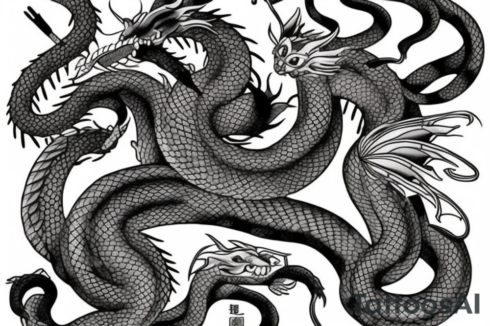 A dragon's head and a cat's body，snake's tail tattoo idea