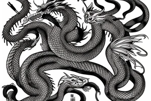 A dragon's head and a cat's body，snake's tail tattoo idea
