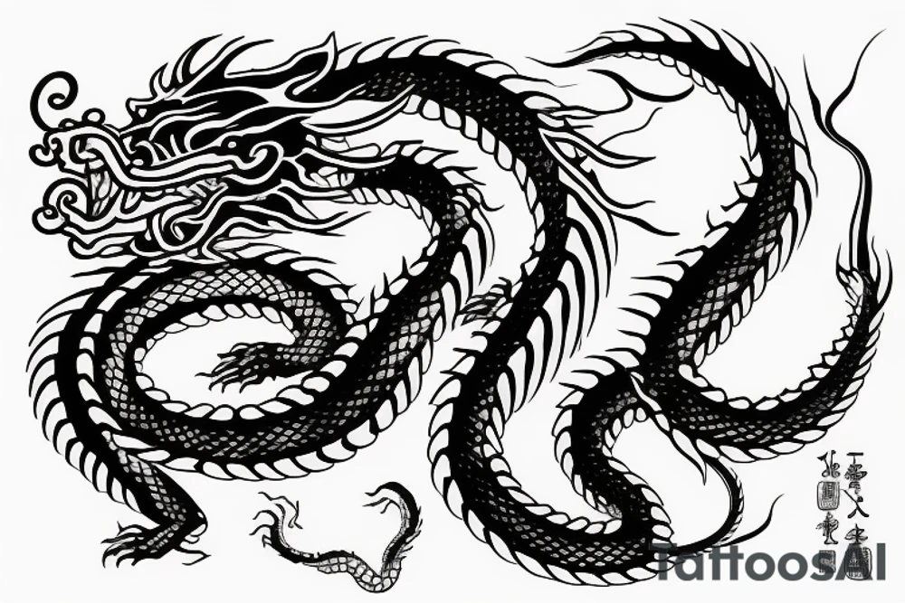A dragon's head and a cat's body，snake's tail tattoo idea