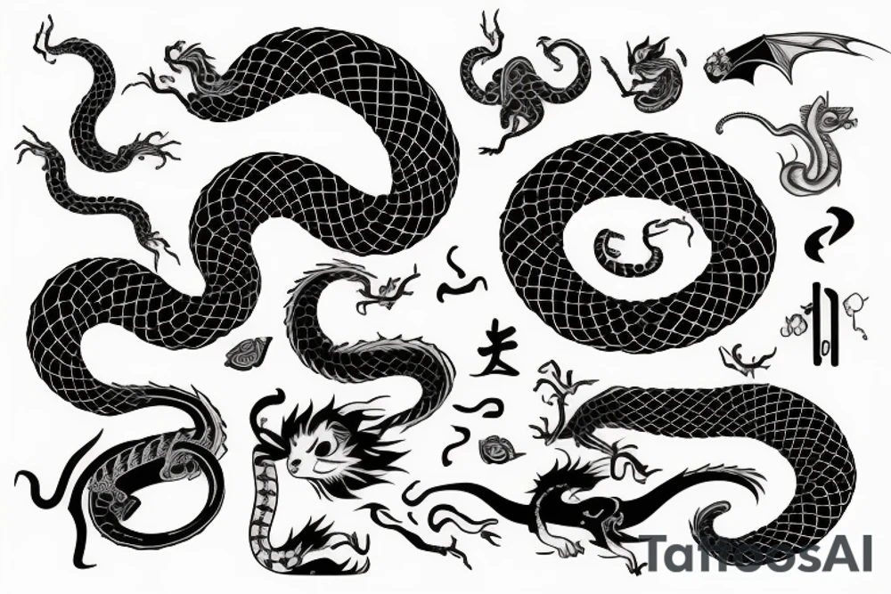 A dragon's head and a cat's body，snake's tail tattoo idea