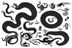 A dragon's head and a cat's body，snake's tail tattoo idea