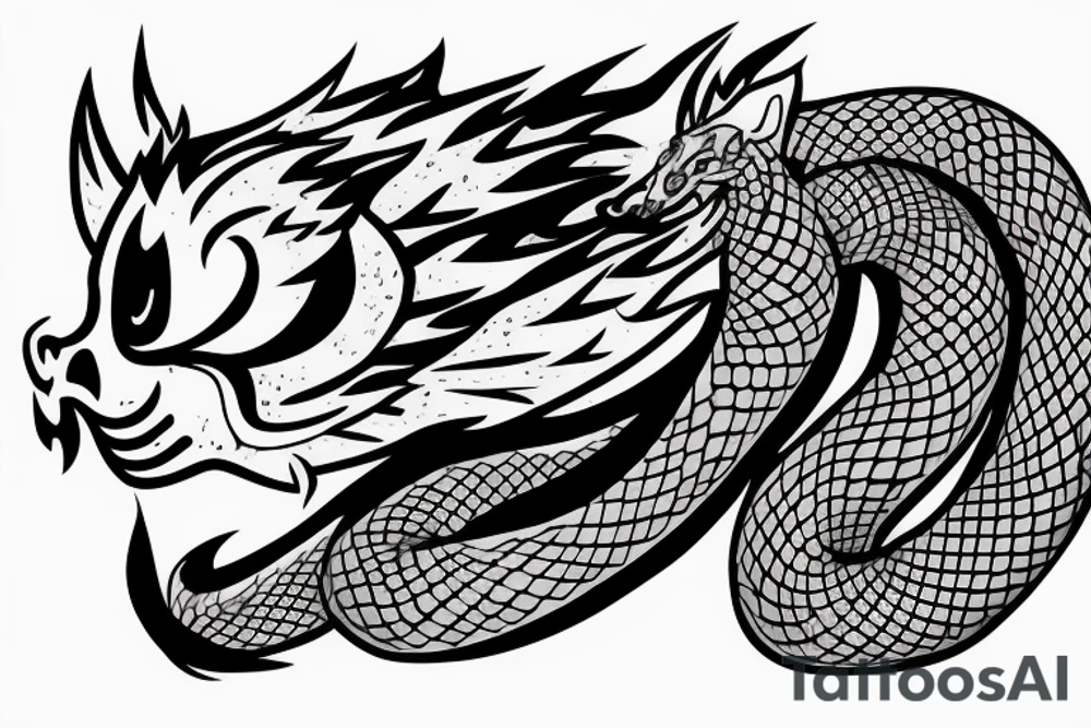 A dragon's head and a cat's body，snake's tail tattoo idea