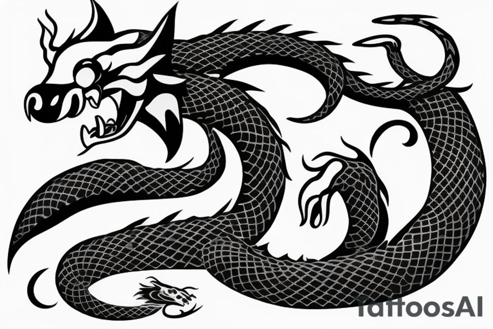 A dragon's head and a cat's body，snake's tail tattoo idea