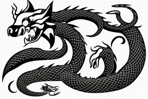 A dragon's head and a cat's body，snake's tail tattoo idea
