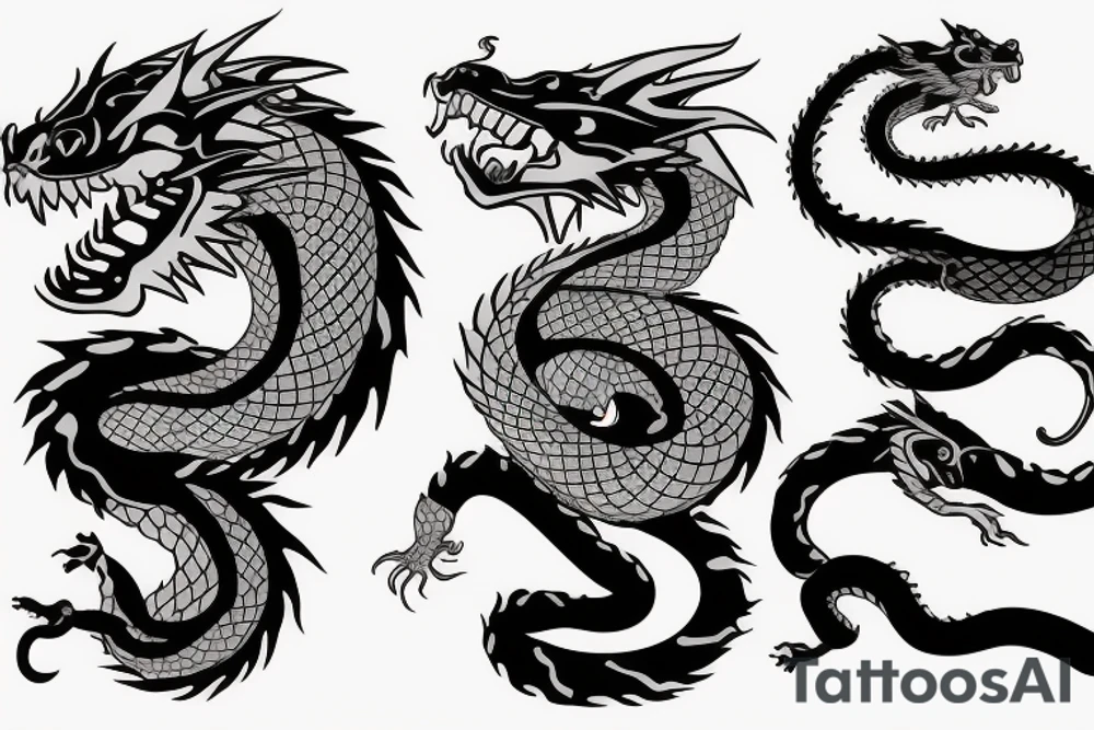 A dragon's head and a cat's body，snake's tail tattoo idea
