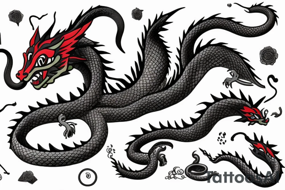 A dragon's head and a cat's body，snake's tail tattoo idea