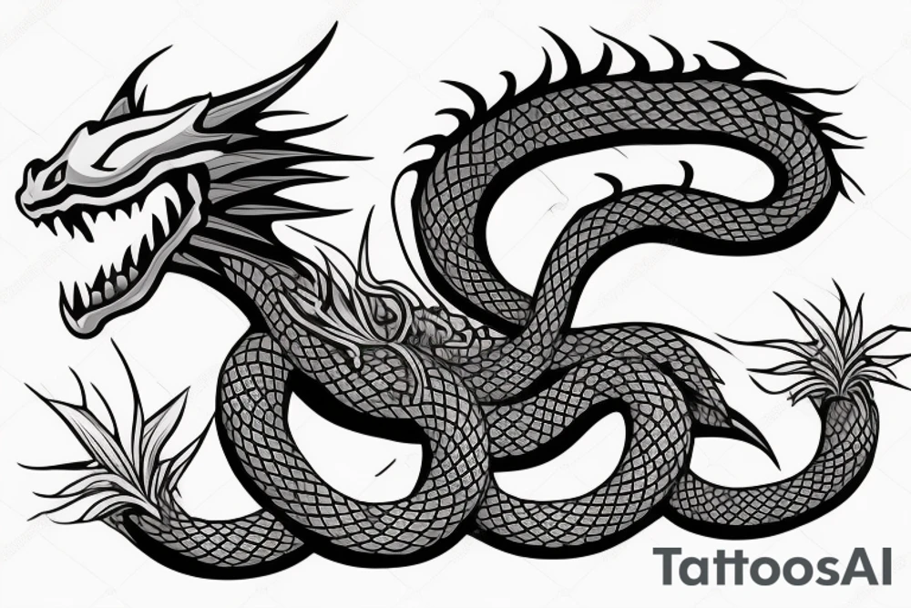 A dragon's head and a cat's body，snake's tail tattoo idea