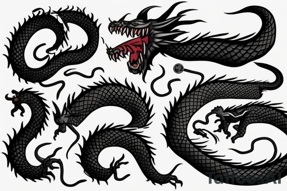 A dragon's head and a cat's body，snake's tail tattoo idea