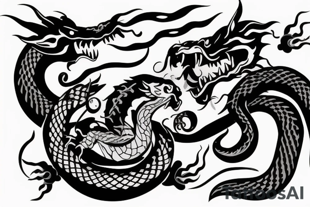 A dragon's head and a cat's body，snake's tail tattoo idea