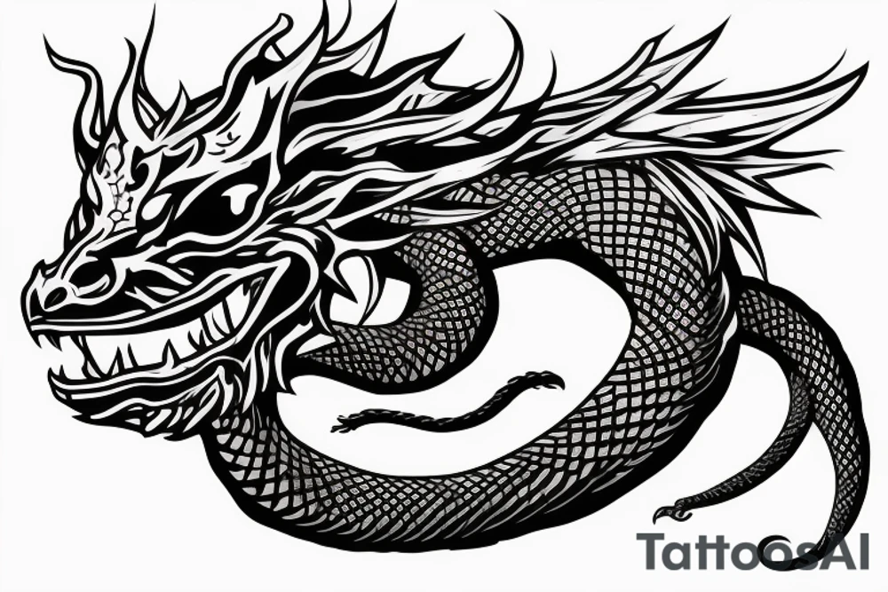 A dragon's head and a cat's body，snake's tail tattoo idea