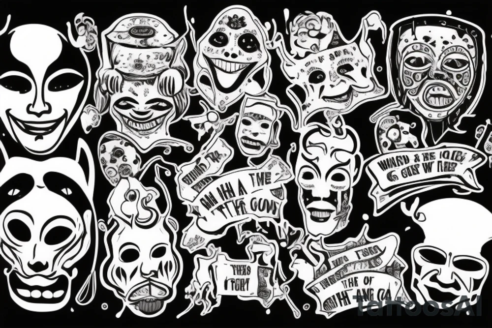 The quote "When the going gets weird, the weird turn pro" in DEADman font, with a comedy and tragedy mask on each side that are melting tattoo idea
