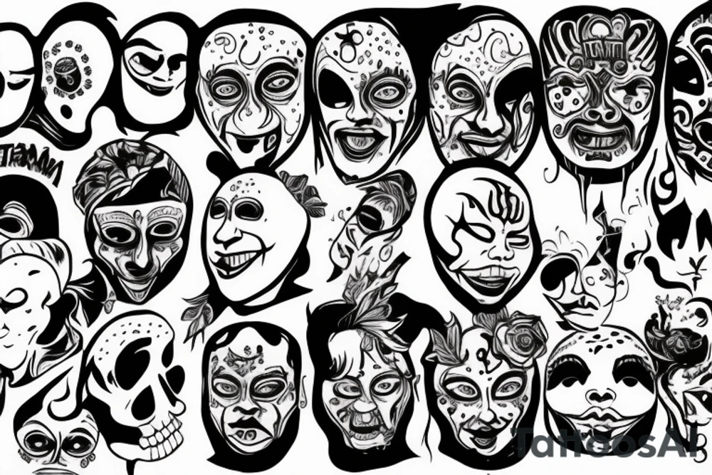 The quote "When the going gets weird, the weird turn pro" in DEADman font, with a comedy and tragedy mask on each side that are melting tattoo idea