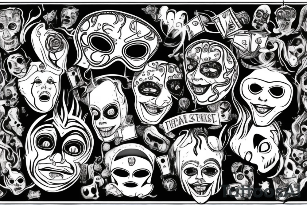 The quote "When the going gets weird, the weird turn pro" in DEADman font, with a comedy and tragedy mask on each side that are melting tattoo idea