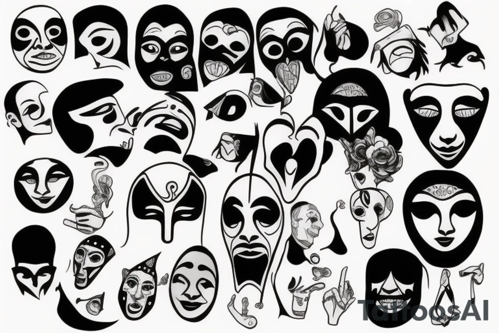 surreal comedy and tragedy mask tattoo idea