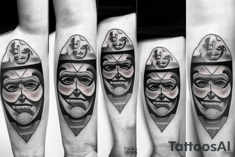 surreal comedy and tragedy mask tattoo idea