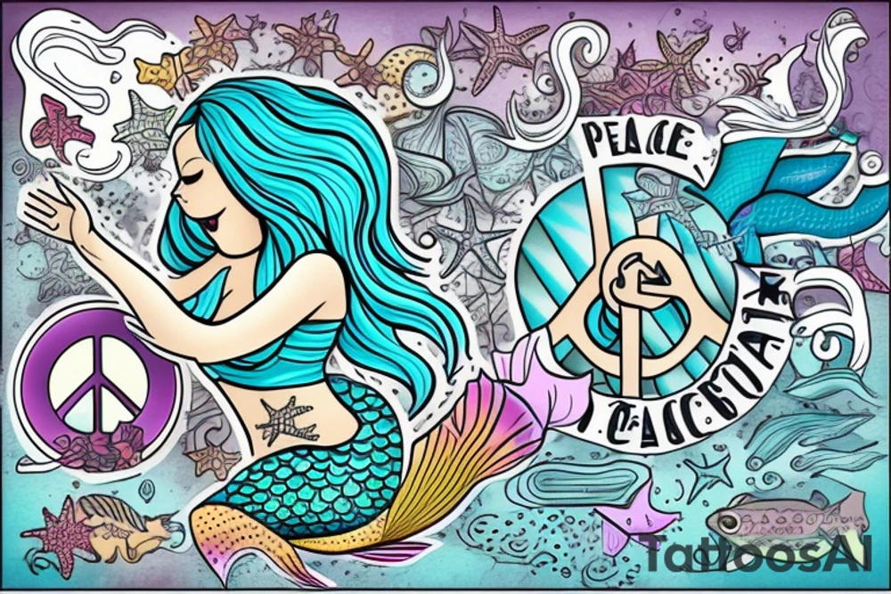 Friendly Mermaid waving a peace sign tattoo idea