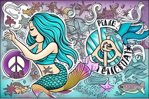 Friendly Mermaid waving a peace sign tattoo idea