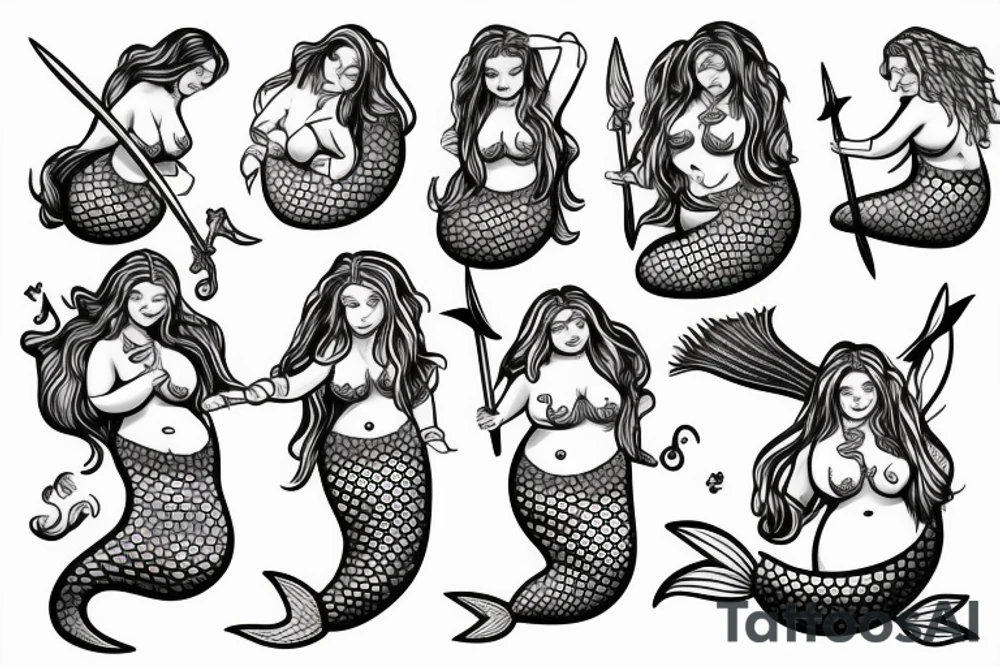 Fat Mermaid warrior with trident tattoo idea