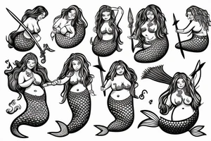 Fat Mermaid warrior with trident tattoo idea