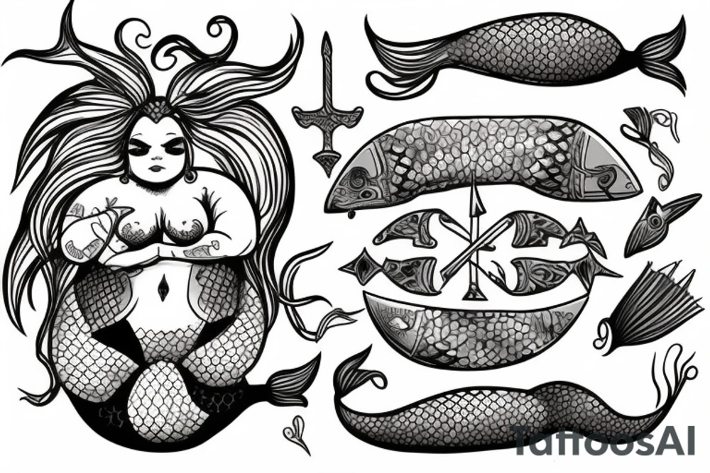 Fat Mermaid warrior with trident tattoo idea