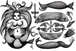 Fat Mermaid warrior with trident tattoo idea