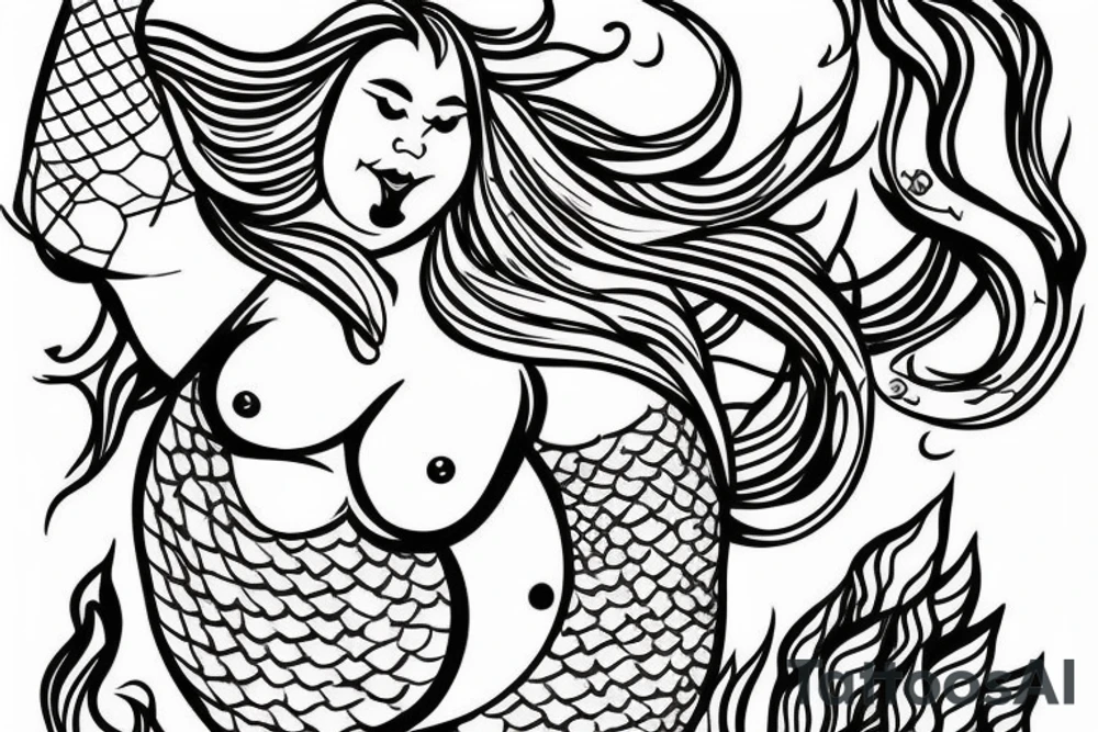 Fat Mermaid warrior with trident tattoo idea
