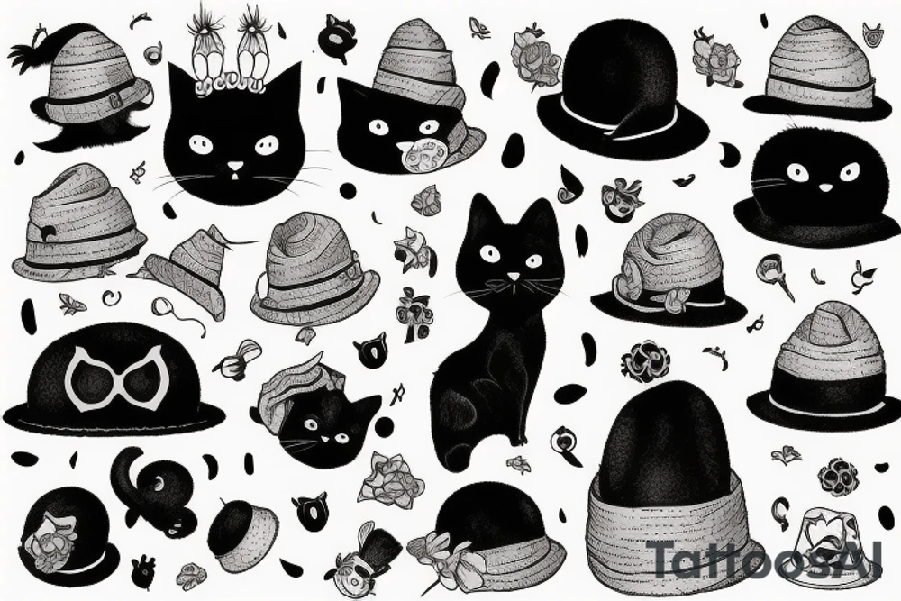 black cat with a funny hat and sweater tattoo idea