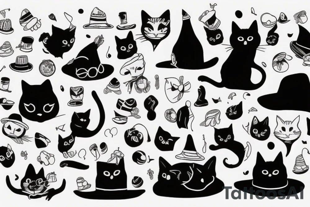 black cat with a funny hat and sweater tattoo idea