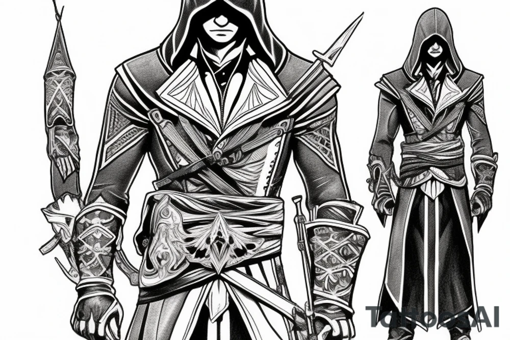 Assassin's creed assassin on the roof looking down the city tattoo idea